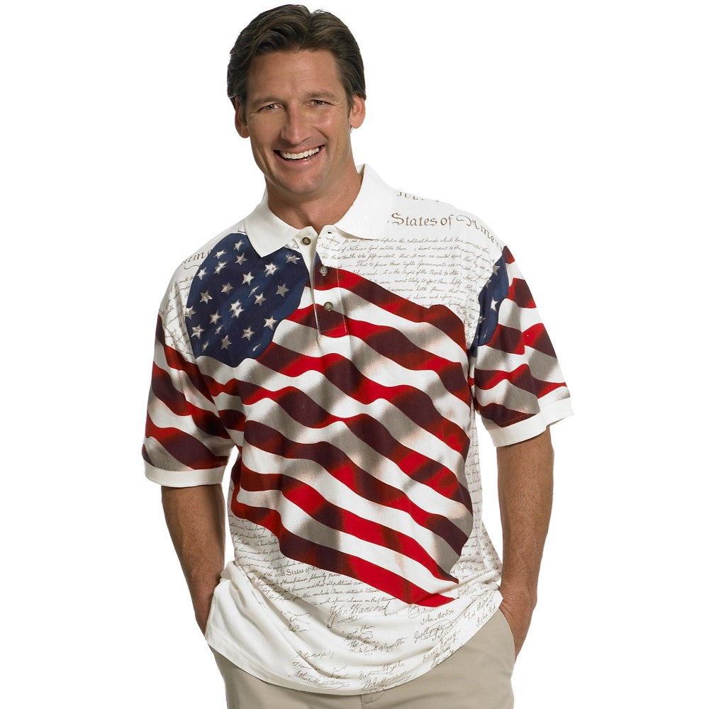 Emblazoned with the iconic text of the Declaration of Independence and a resolute waving flag on front and back of Natural color shirt 100% Cotton
