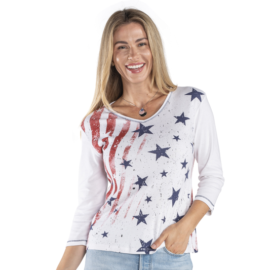 Women's Made in USA Stars and Stripes 3/4 Sleeve 100% Cotton Top