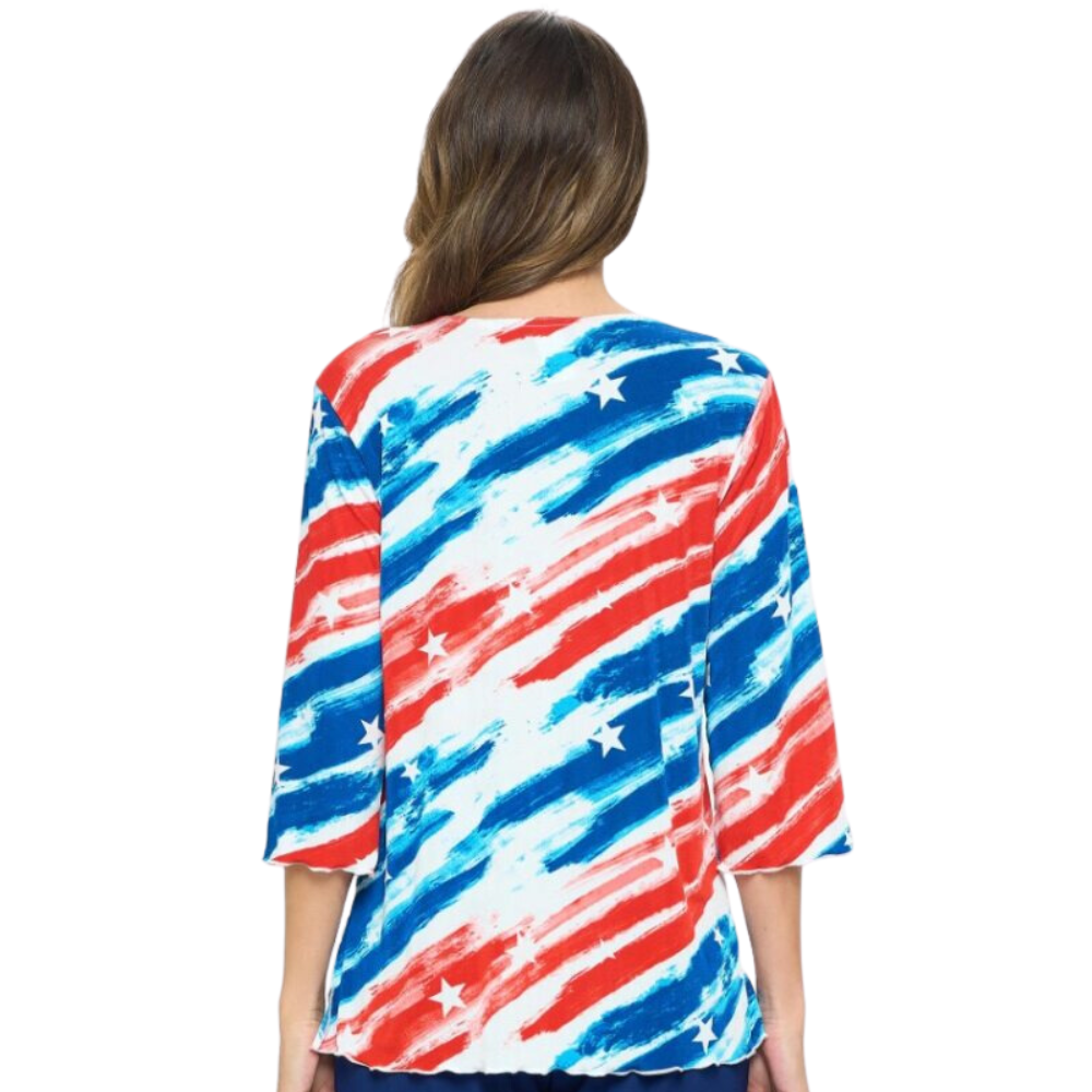 Women's Made in USA Paintbrush Stars and Stripes 3/4 Sleeve Top