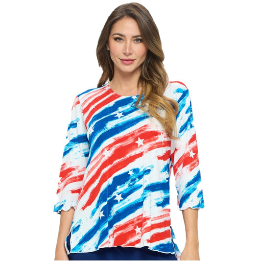 Women's Made in USA Paintbrush Stars and Stripes 3/4 Sleeve Top