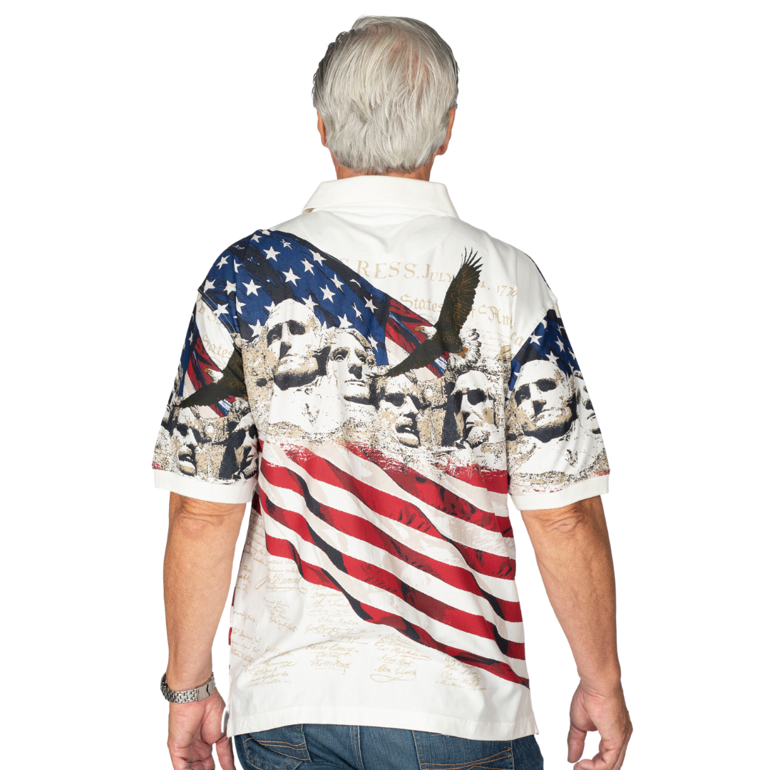 Men's polo shirt with a waving flag, eagle, the declaration of independence and Mount Rushmore