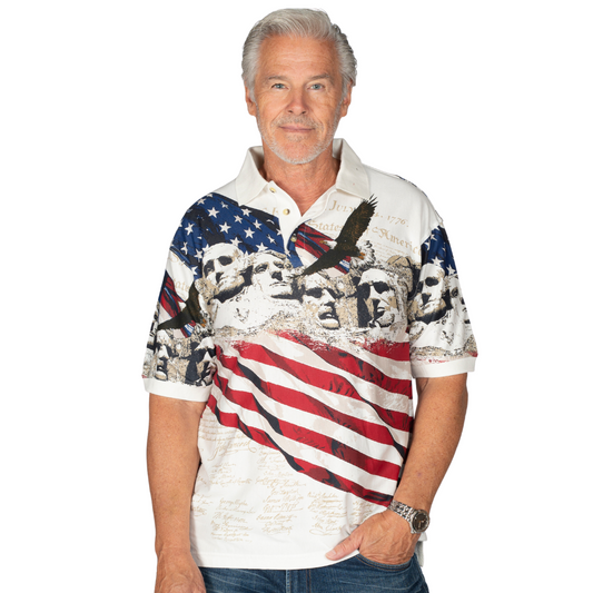Men's polo shirt with a waving flag, eagle, the declaration of independence and Mount Rushmore 