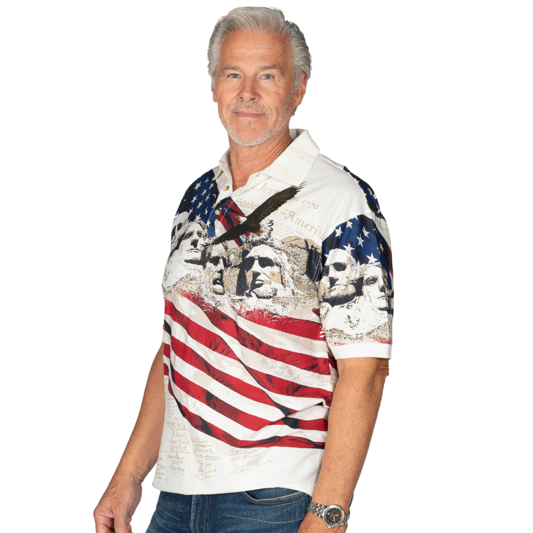 Men's polo shirt with a waving flag, eagle, the declaration of independence and Mount Rushmore