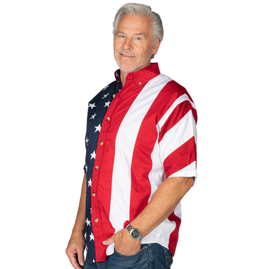 Man in american flag shirt clearance